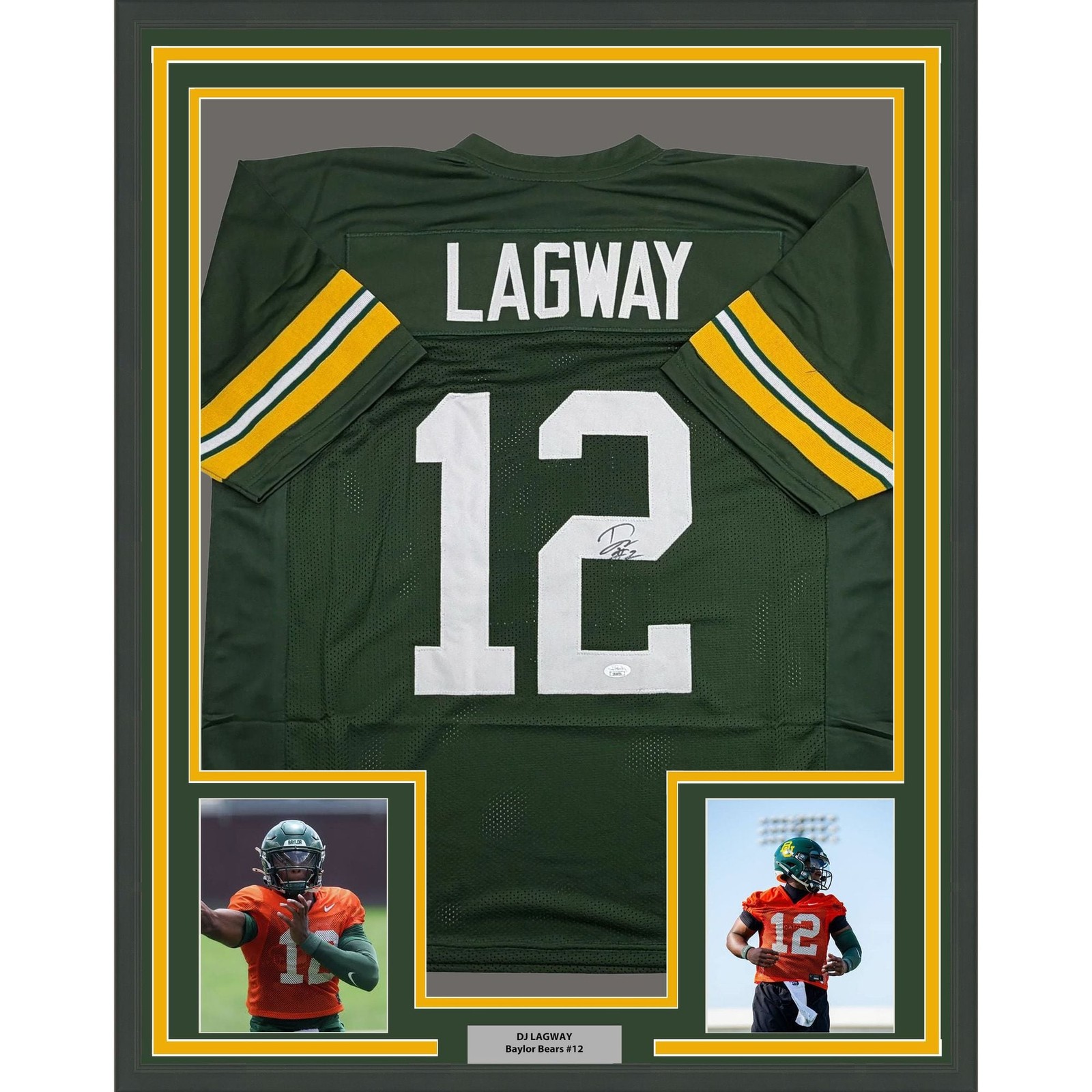 Framed Autographed/Signed DJ Lagway 35x39 Baylor Green Jersey JSA COA Framed Autographed/Signed DJ Lagway 35x39 Baylor Green Jersey JSA COA
