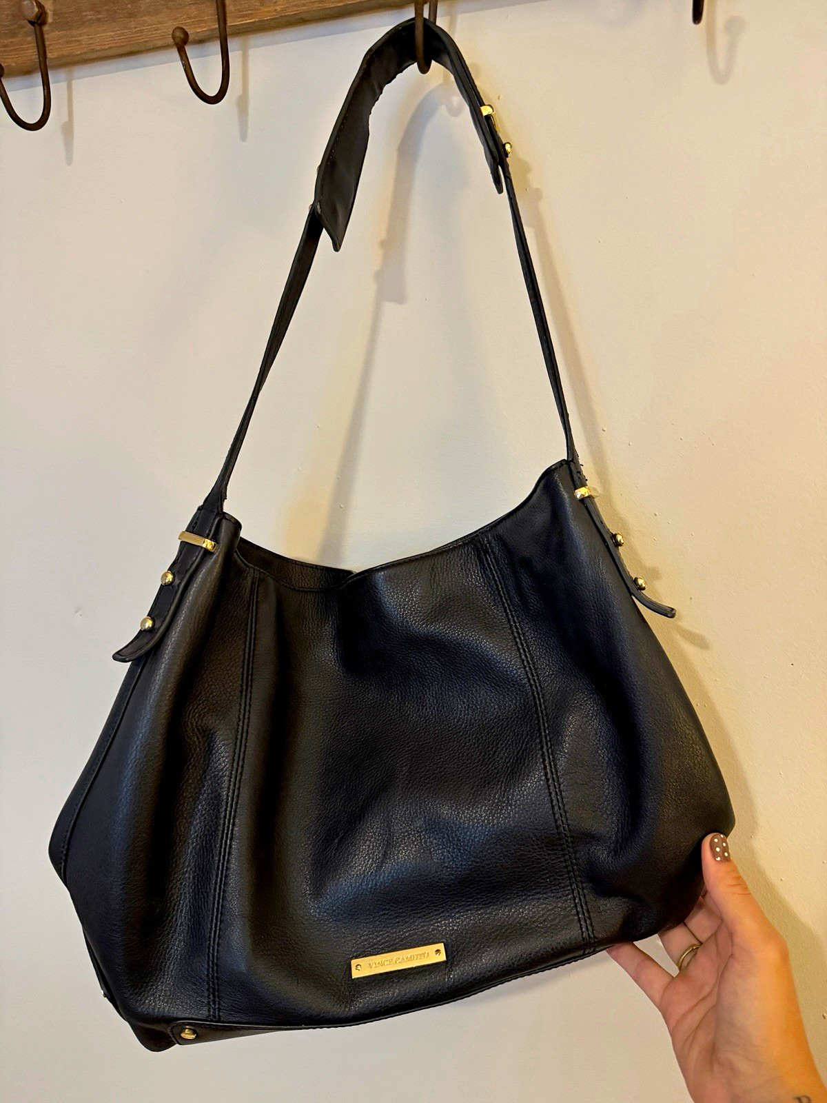 Vince Camuto Black Large Crescent Shoulder Bag Zip Closure Gold Hardware