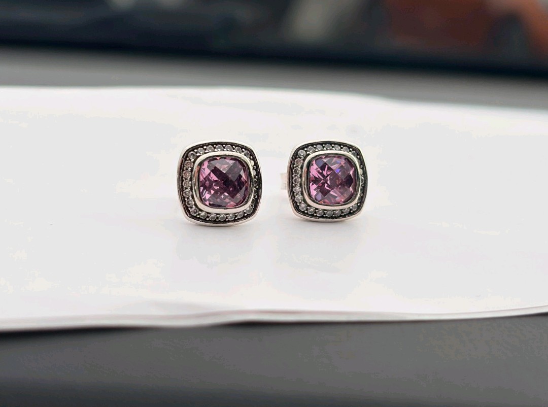 David'Yurman Sterling Silver Albion Pink Tourmaline Stud Earrings & Diamonds