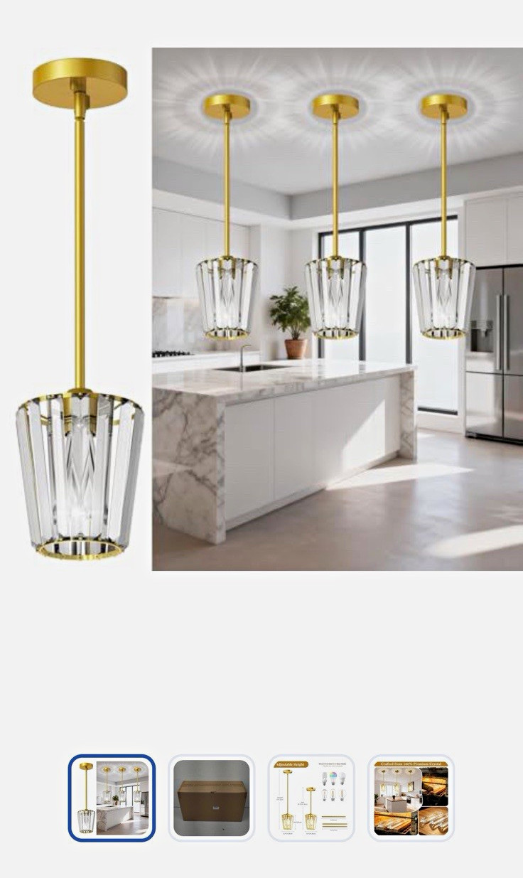 Rayspan 3 Pack Crystal Pendant Lights Kitchen Island - Modern Gold Pendant Light