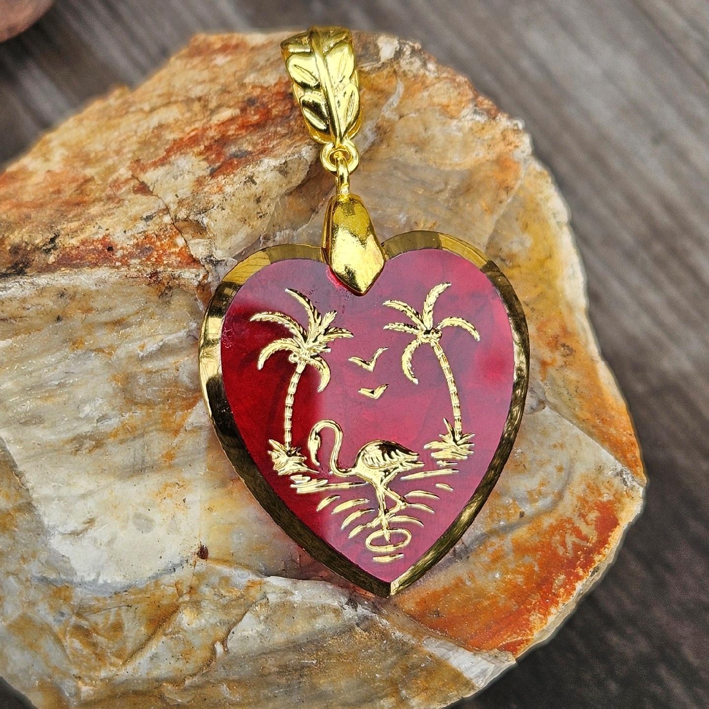 Vintage Red Glass Heart Charm Intaglio Pendant Gold Tropical Palm Tree Jewelry