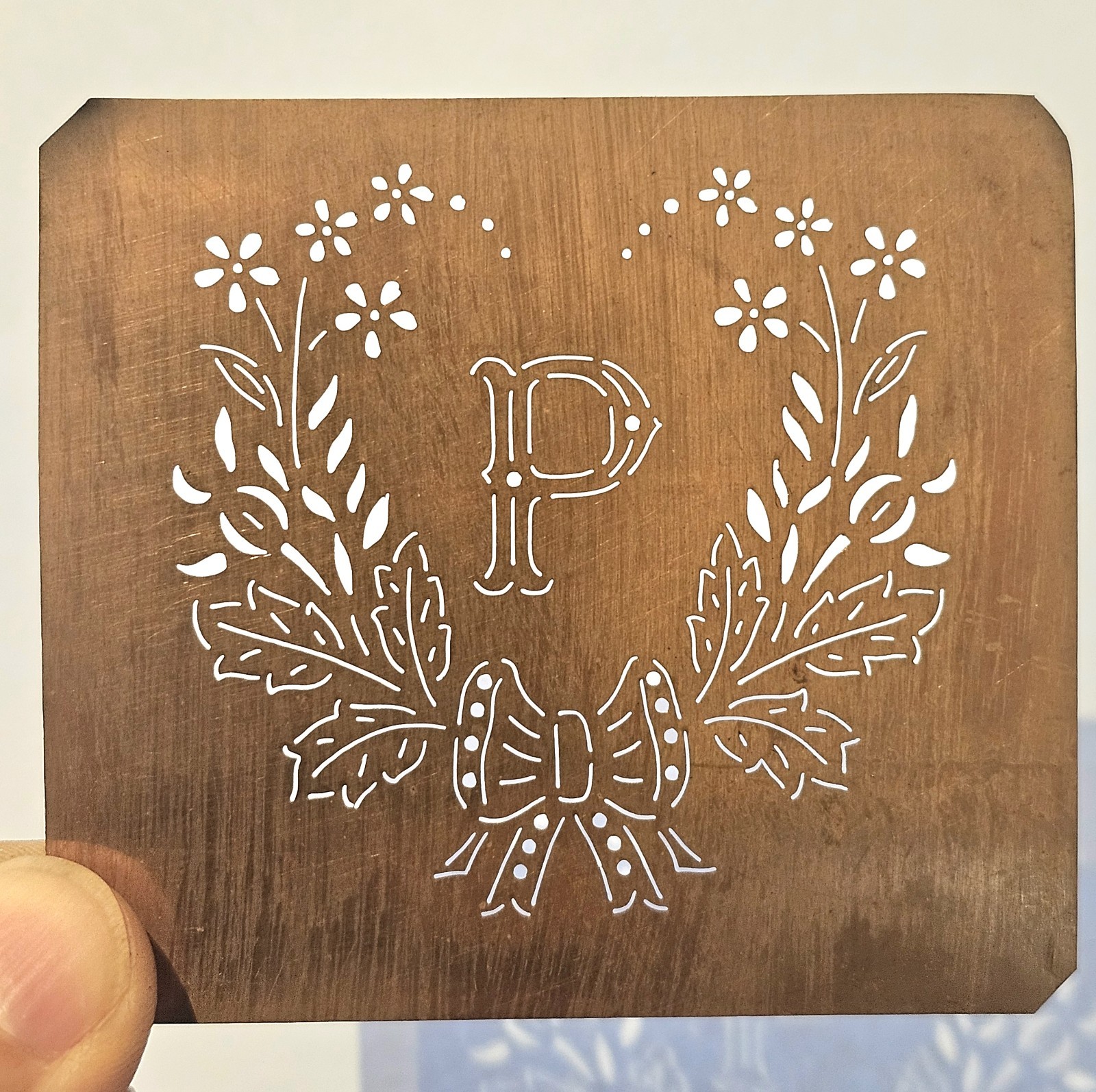 Antique Copper Monogram Stencil Letter P – Ornate Alphabet Plate c.1880–1920 P1