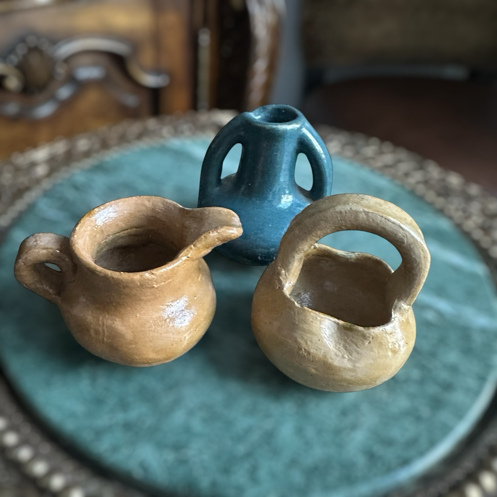 Vintage Mexico Folk Artisan Miniature Terracotta Clay Pottery Jar Vase Handles