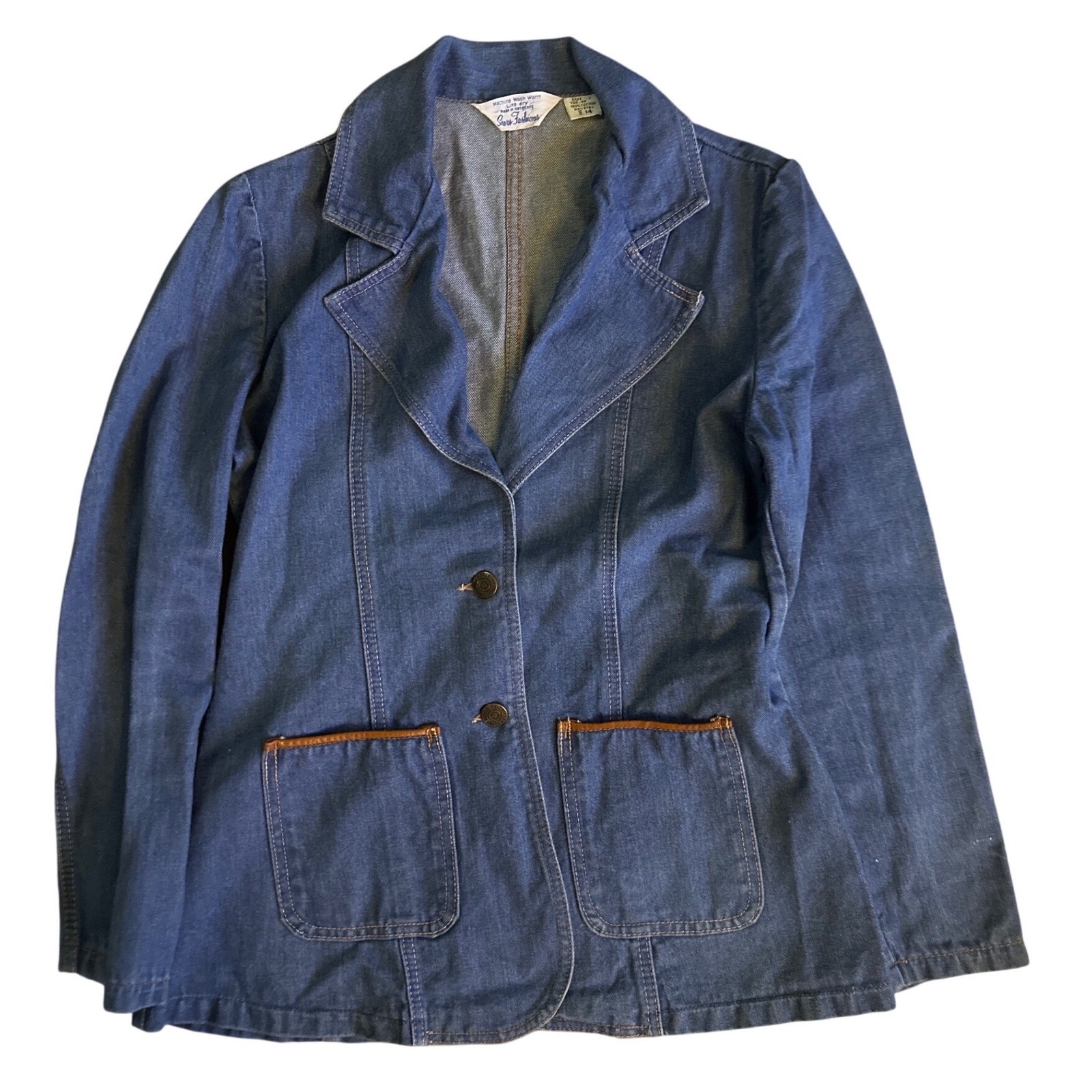 Vintage Sears Fashions Denim Blazer Jacket Blue 100% Cotton Size 14 70s Retro