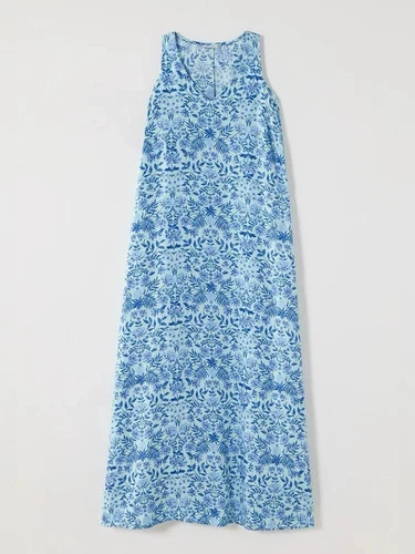 J.Jill Women\'s Lge  Aqua Floral Coastal 100% Linen Sleeveless V Neck Mxi Dress