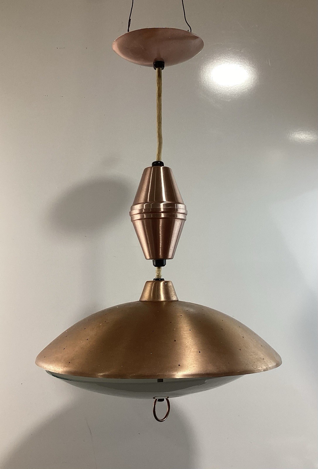 Retractable Vintage MCM Copper Pull Down Swivel Pendant Light Saucer Shape Lamp
