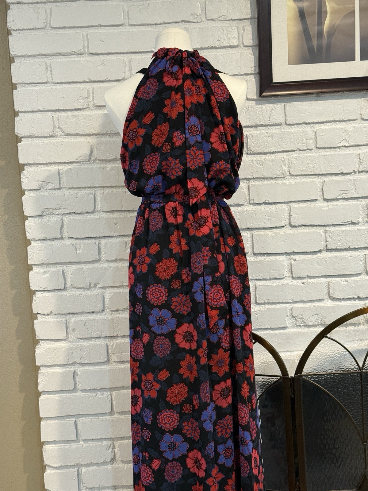 ModCloth 3X Black Red Floral Maxi Dress Halter Tie Waist Plus Size Retro