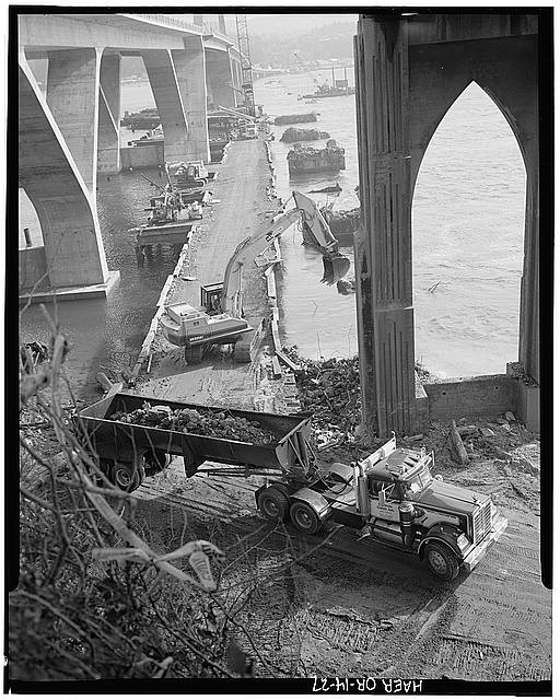 Photo:Alsea Bay Bridge Oregon 1960s Hauling Debris Construction Trucks
