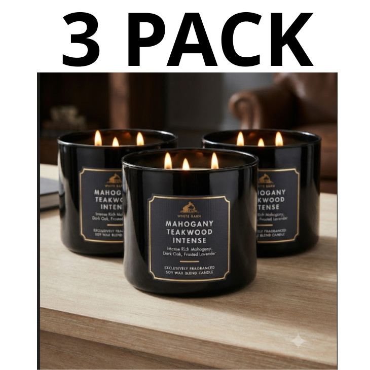 NEW 3 PACK White Barn Mahogany Teakwood Intense 3-Wick Candle-FAST SHIP