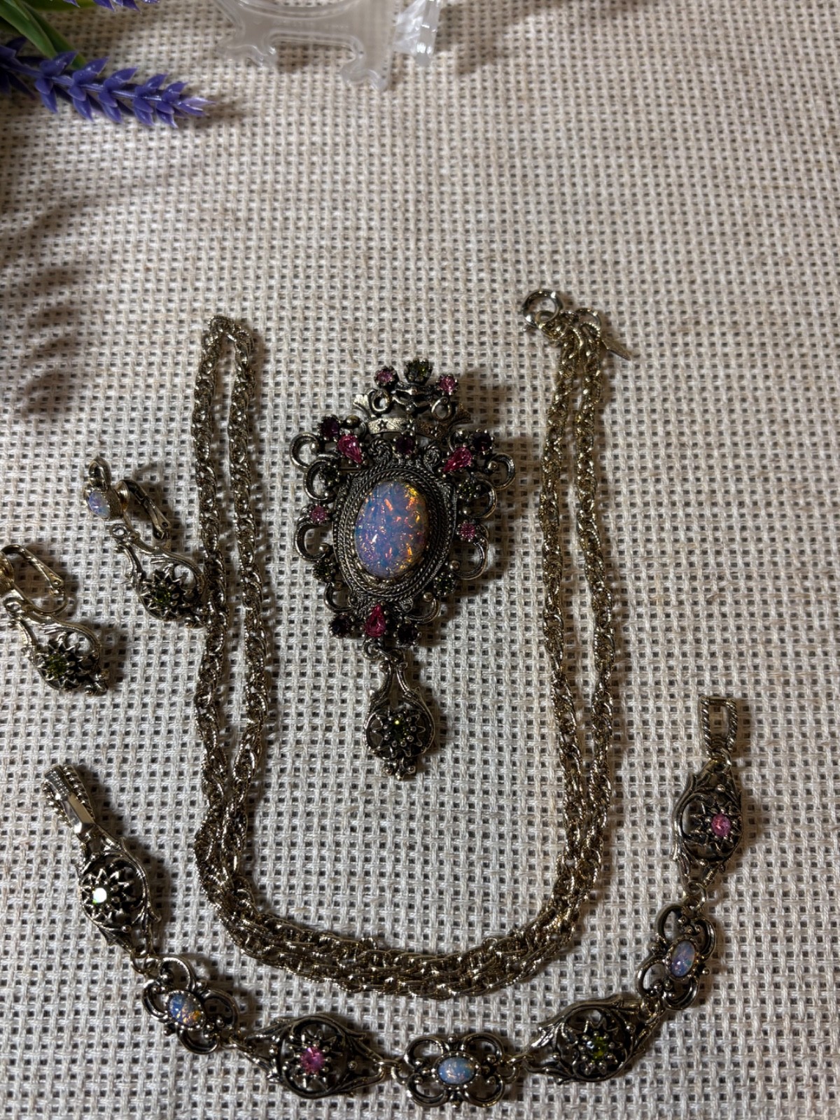 Vintage Sarah Coventry set Contessa Faux Opal Brooch Earrings Bracelet Chain