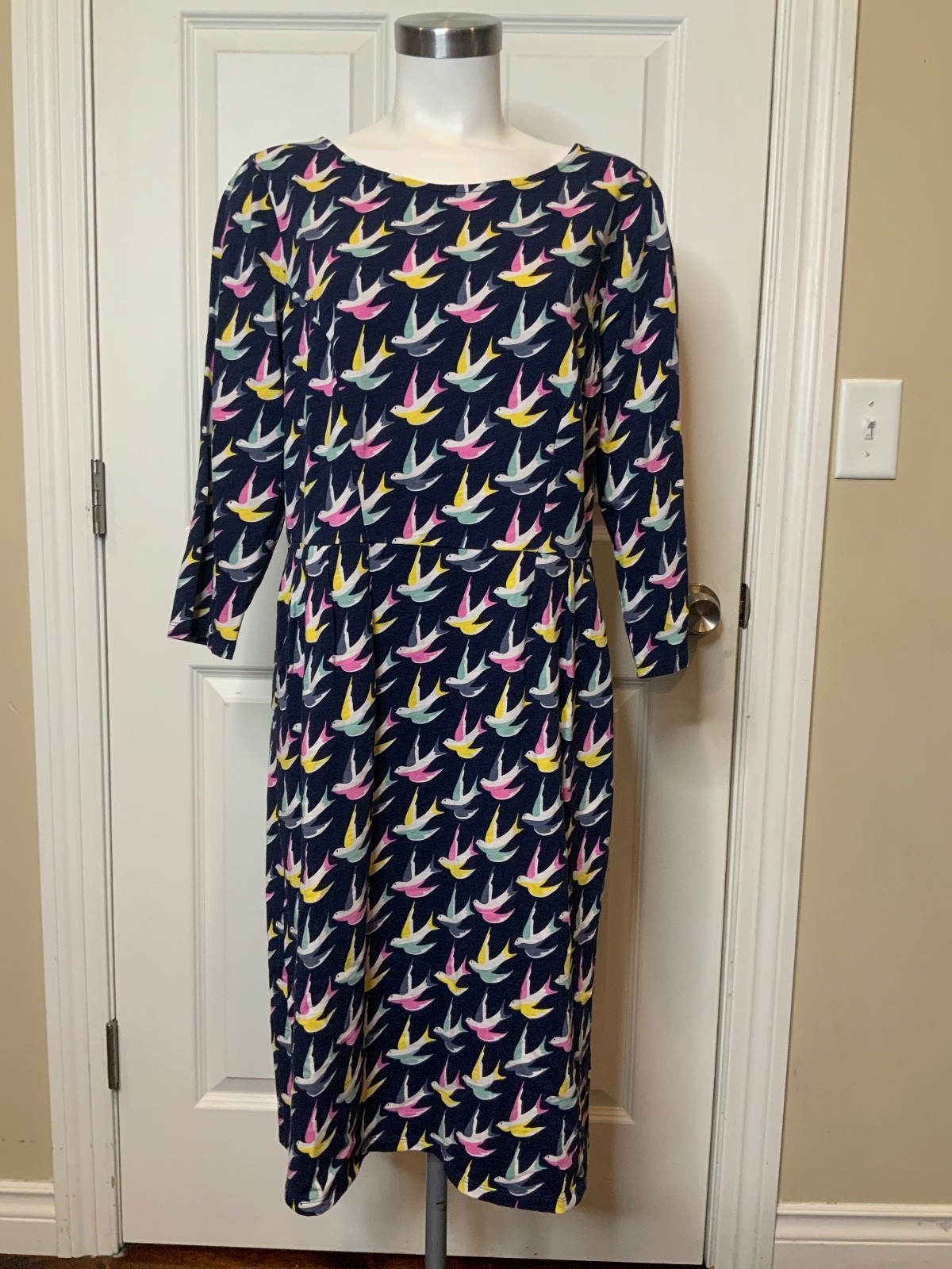 Boden Navy Blue Penn Jersey Swallow Dress, Size 12R US | 16R UK