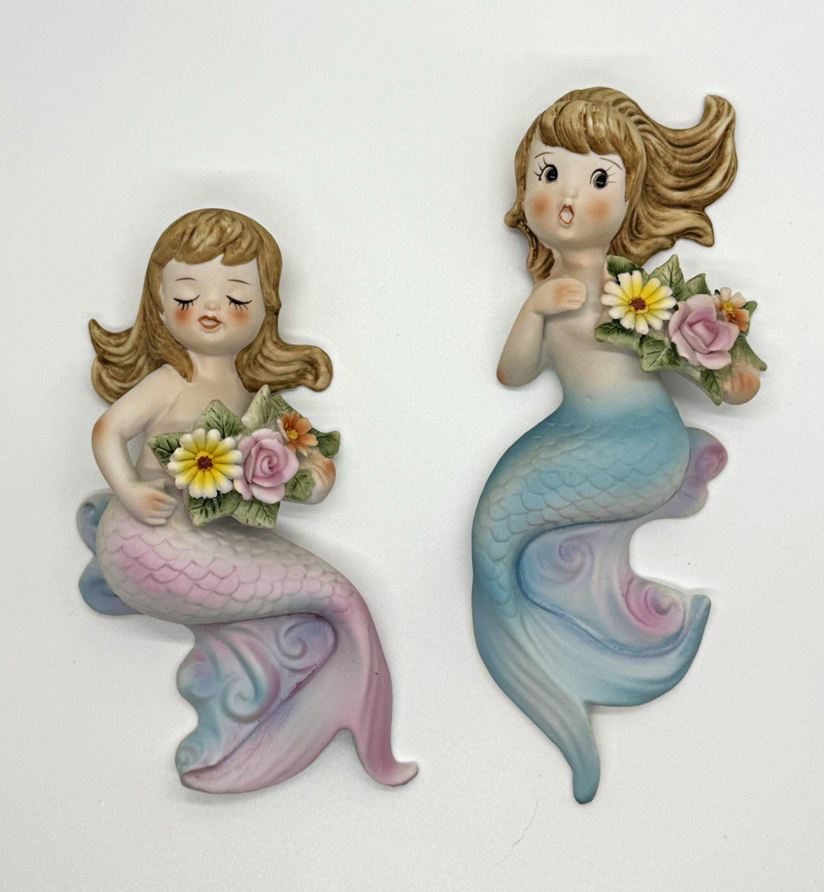 Vintage Retro Lefton Ceramic Mermaid Wall Plaques Hangings with Flowers, Pair