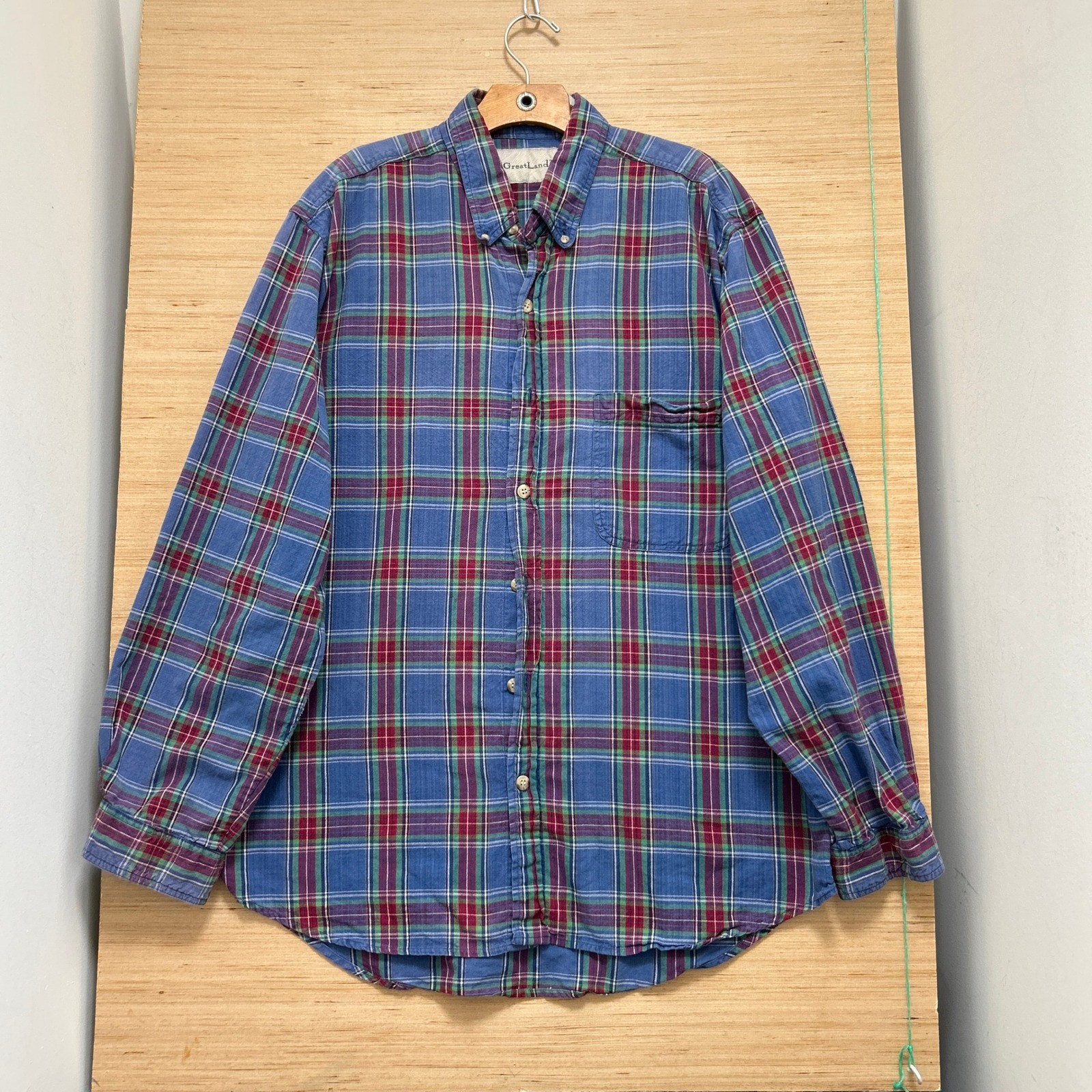 GreatLand Mens Large Tall Plaid Button Down Shirt Blue Red Green Cotton LT