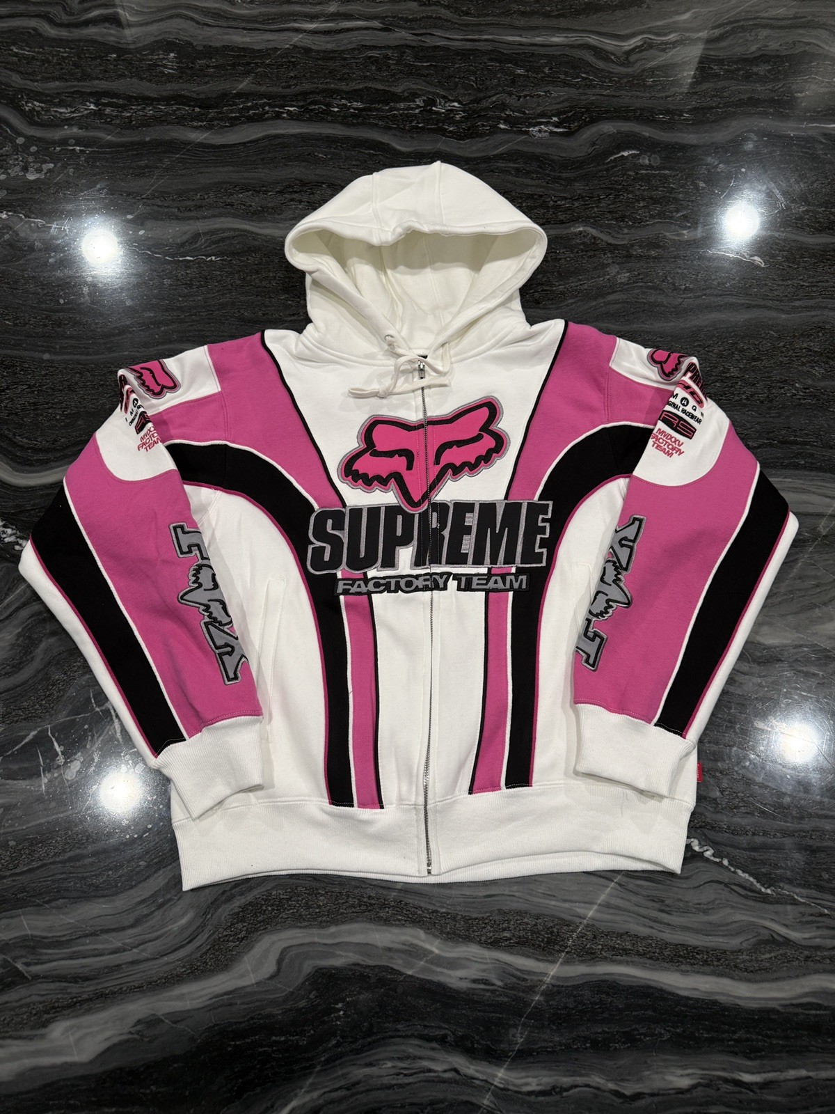 Supreme x Fox Factory Team Full Zip Hoodie White Pink Black Men\'s L Cotton Supreme x Fox Factory Team Full Zip Hoodie White Pink Black Men\'s L Cotton
