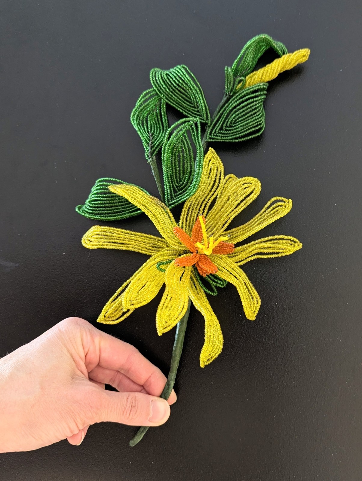Large Vintage French beaded flower, Yellow