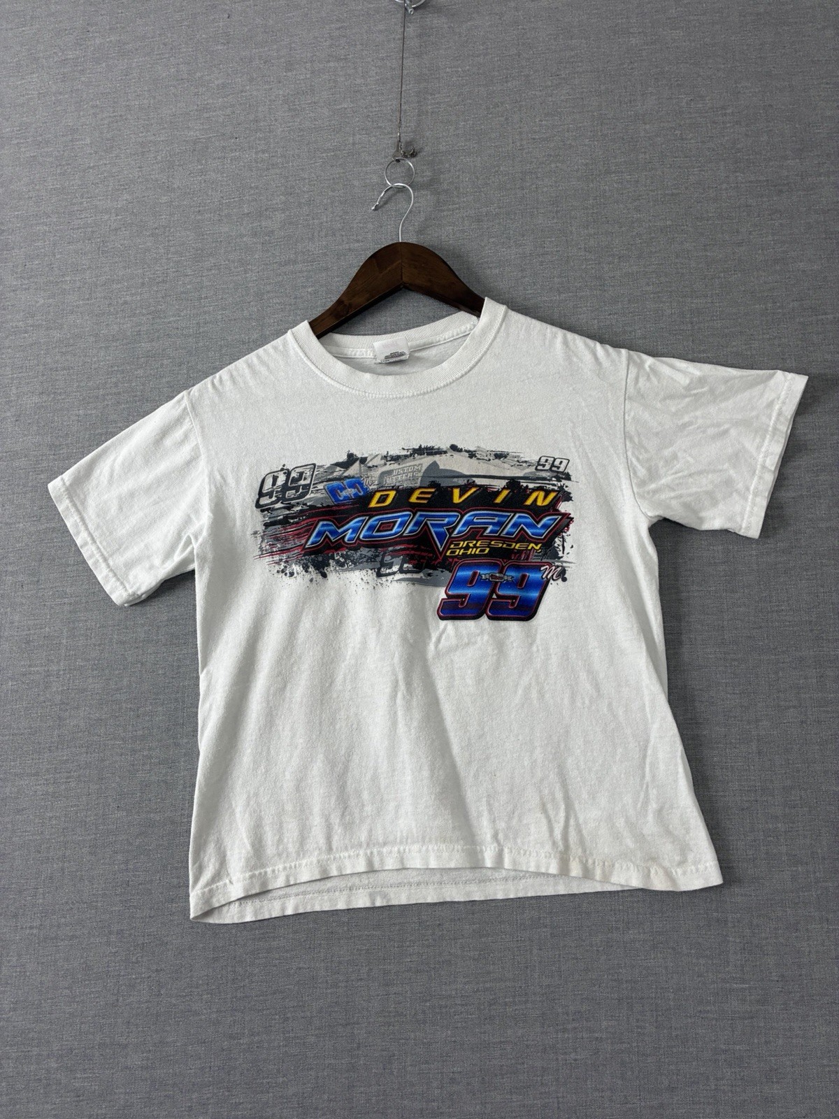 Devin Moran Racing Shirt Youth Large 14/16 White Dirt Late Model 99 Fruit ofLoom
