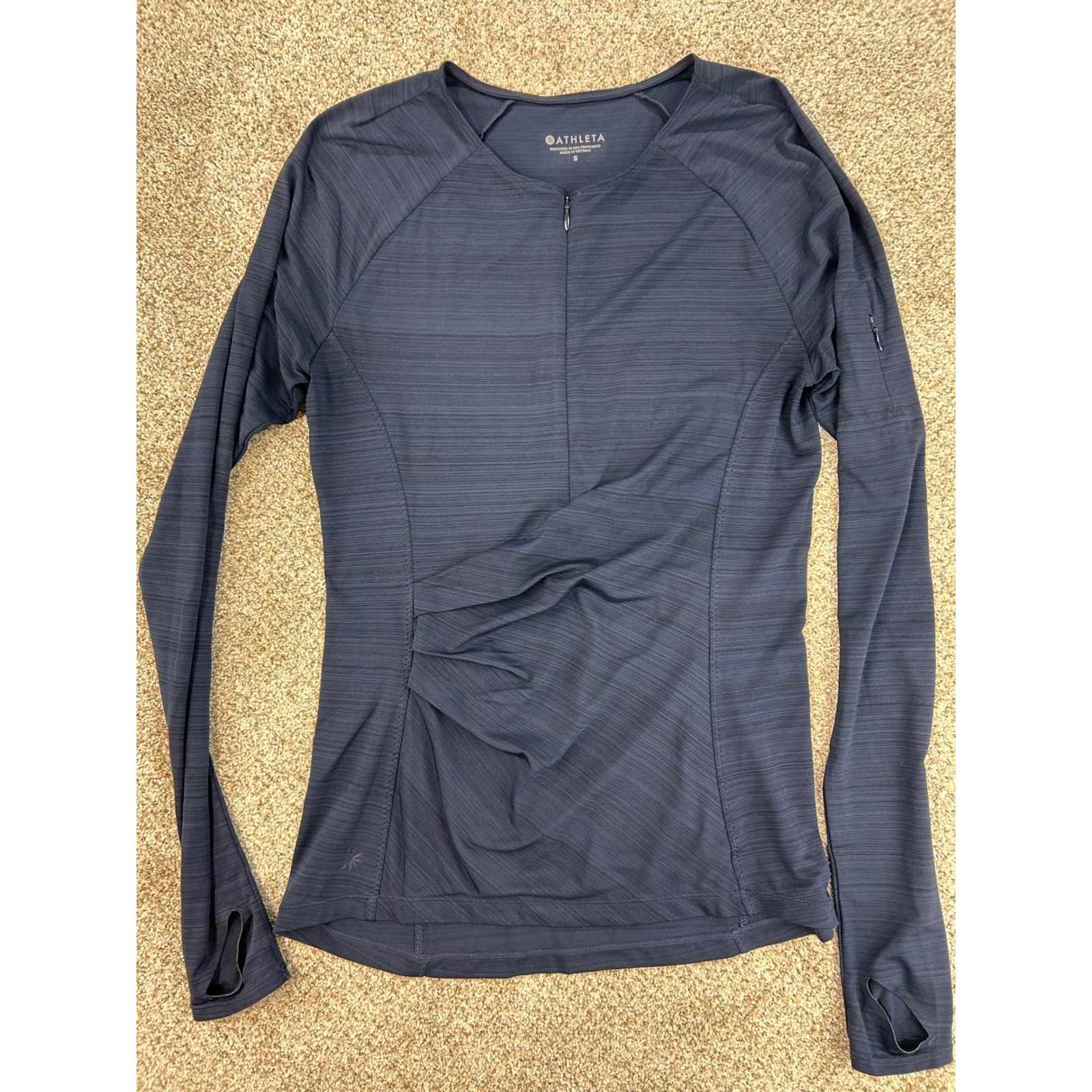 Athleta Yoga Athleisure Navy Blue Space Dye Ruched Zip Front Long Sleeve Top Sm
