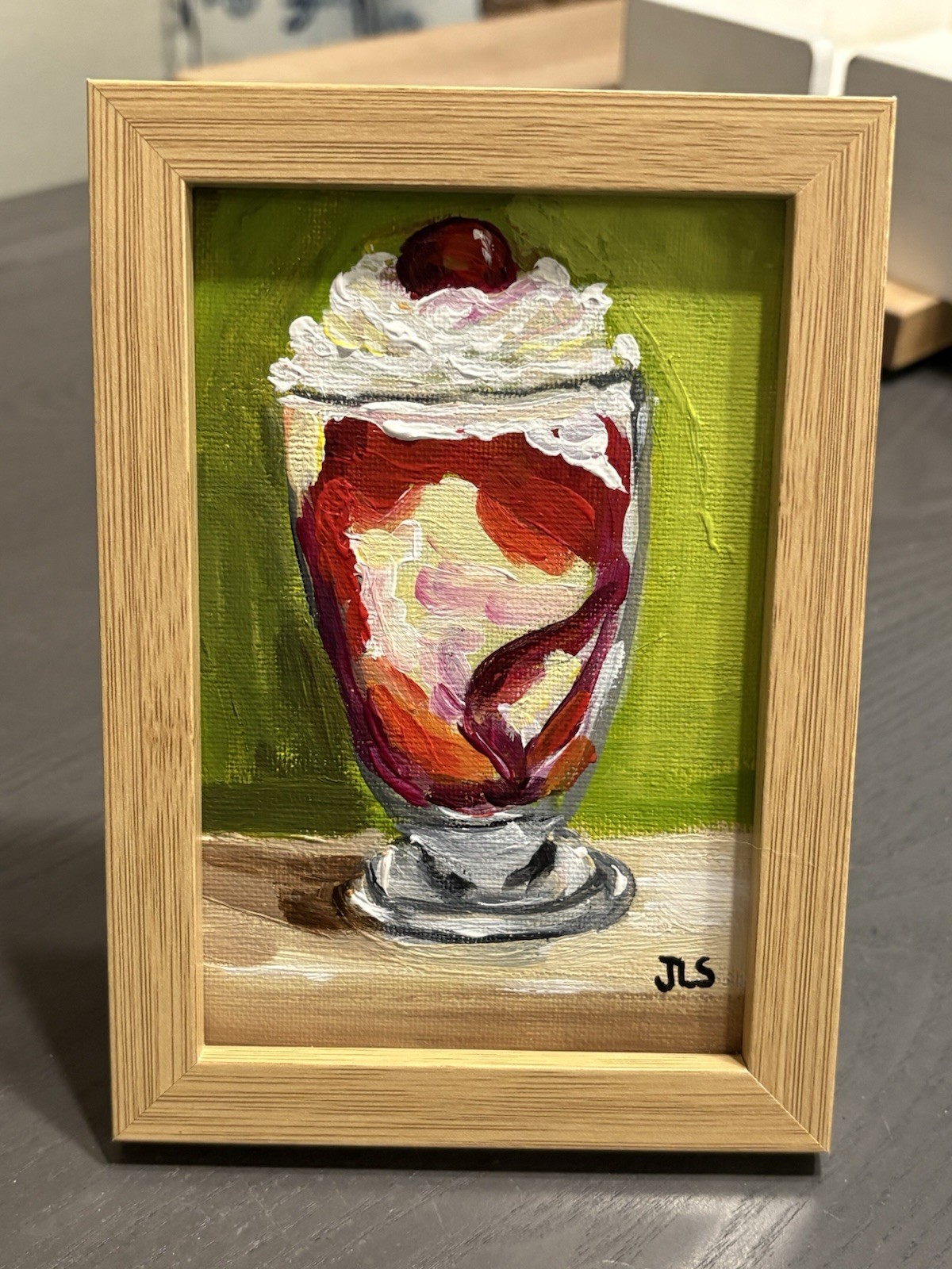 Ice Cream Sundae Painting Hand Painted Signed Original  4 X 6”  Framed 