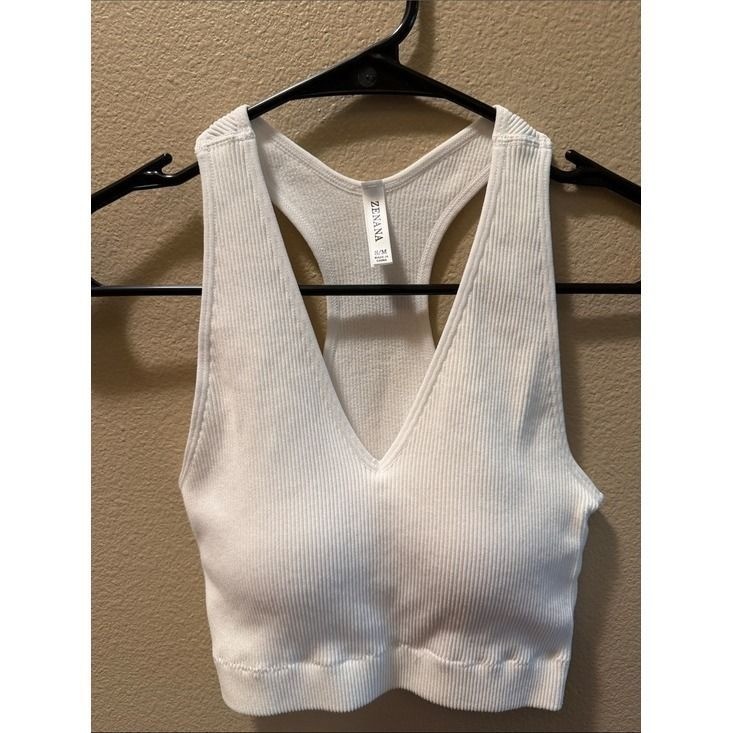 Zenana Outfitters White Ribbed V-Neck Racerback Brami
