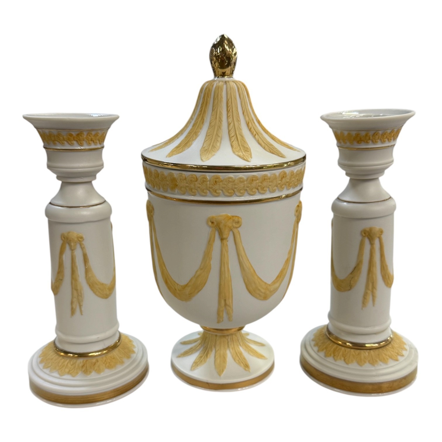 NEOCLASSICAL WEDGWOOD STYLE JASPERWARE URN & CANDLESTICKS RAMS HEADS