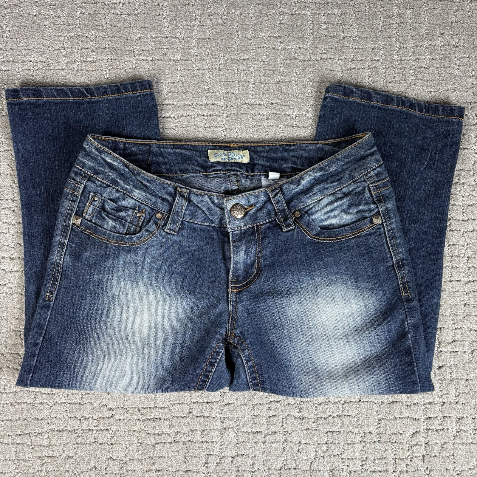 Y2K Paris Blues Womens Dark Blue Distressed Jean Capris Stretch Size 7
