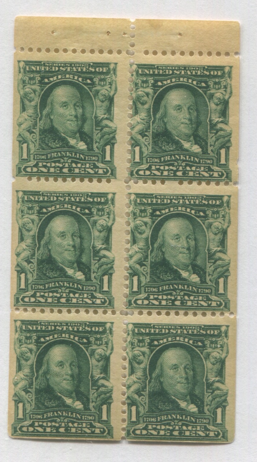 1903 US Stamp #300b 1c Mint Never Hinged F/VF Booklet Pane of 6 Wmk. 191 Perf 12