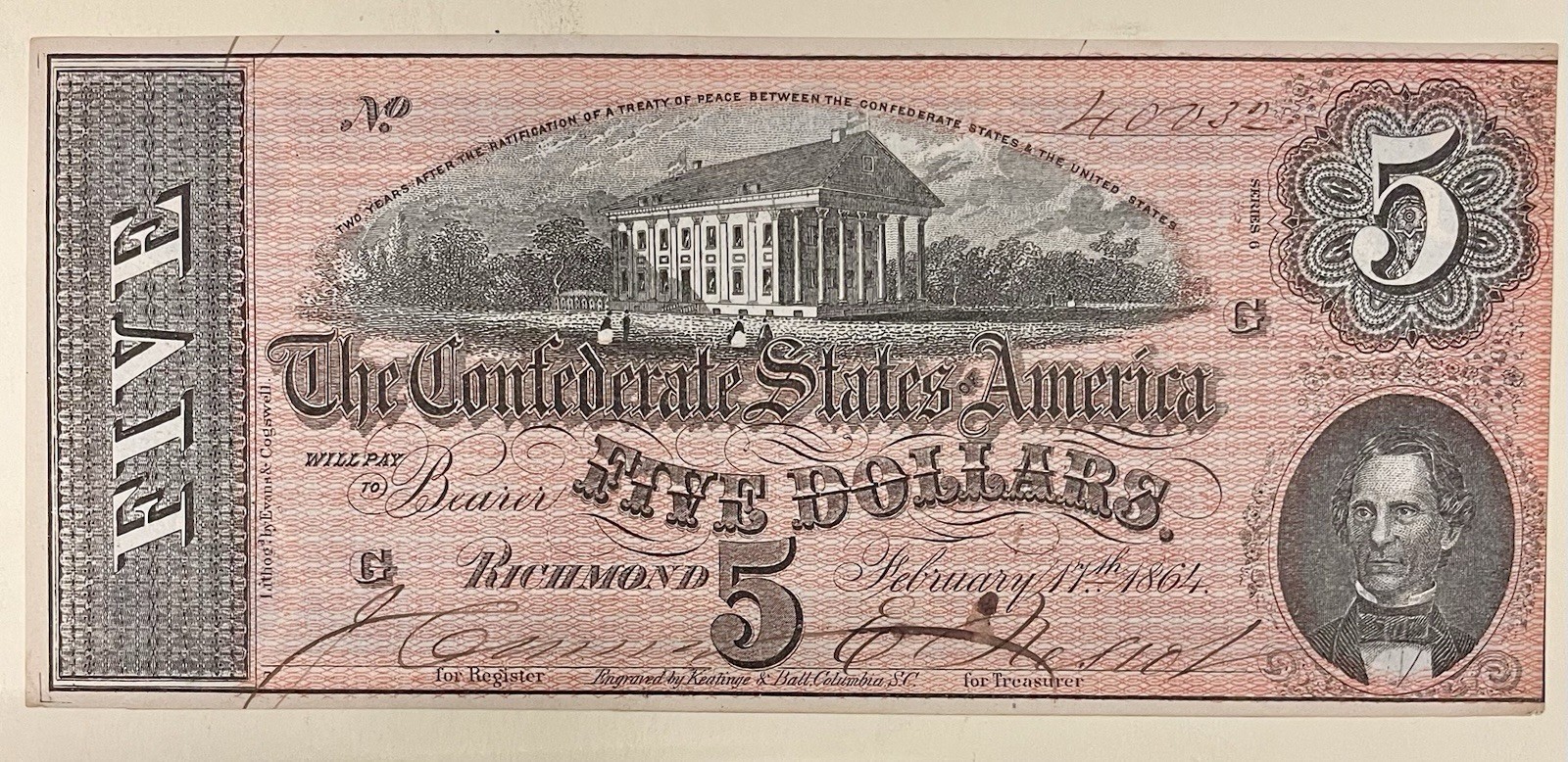 Fr.T69 1864 $5 Confederate In UNC Condition Fr.T69 1864 $5 Confederate In UNC Condition