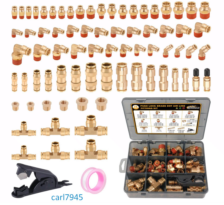 76PCS Brass DOT Air Line Fittings Kit, Push Lock, NPT & Quick Connect