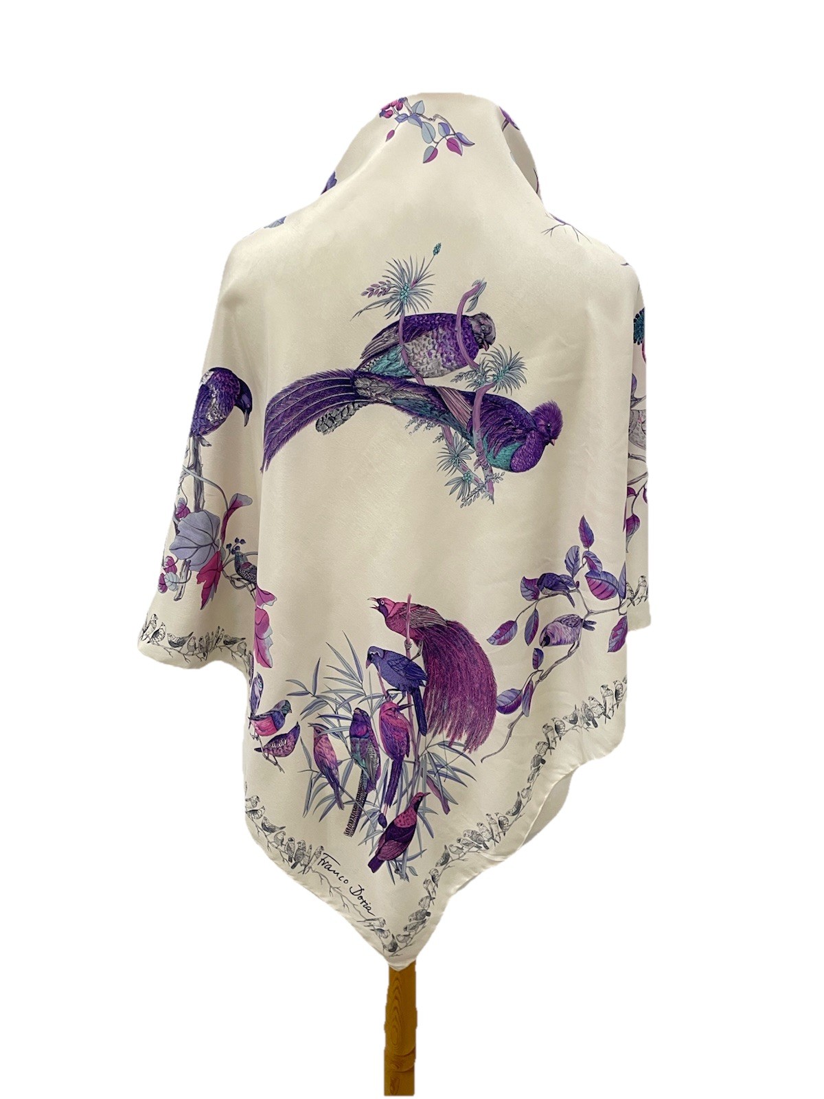 AS7# Vintage FRANCO DORIA Silk Scarf Square Exotic Birds Paradise Purple White