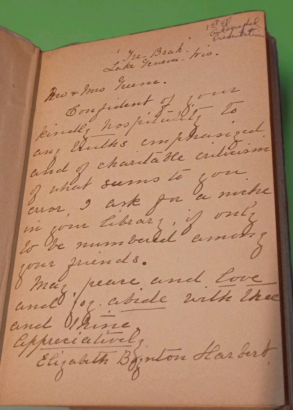 Elizabeth Boynton Harbert Woman Suffrage Evanston Club Amore Signed ALS Rare