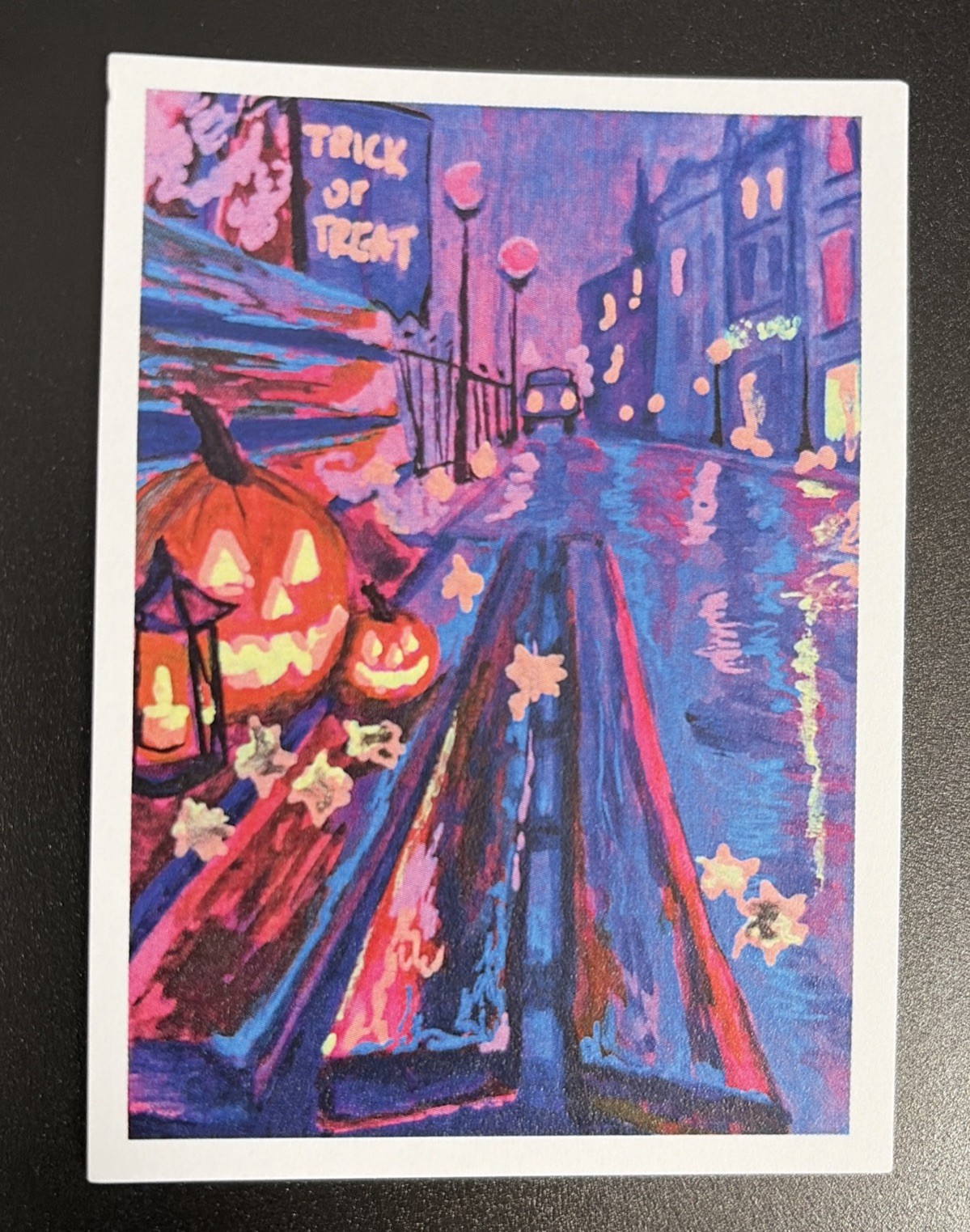 ACEO Original PRINT Halloween Pumpkin Rainy Town Street Landscape By Jada