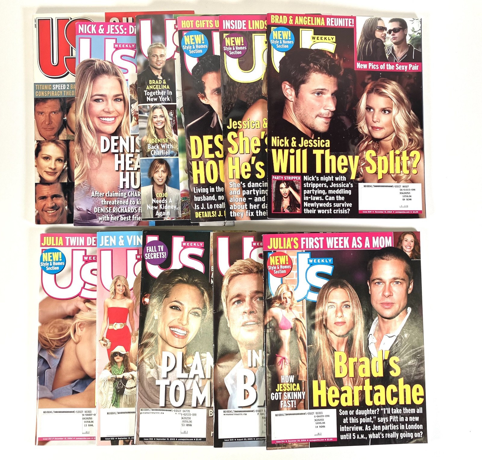 Vintage Lot of 11 US Weekly Magazines 1997 2004 2005 Pitt Jolie Aniston Simpson