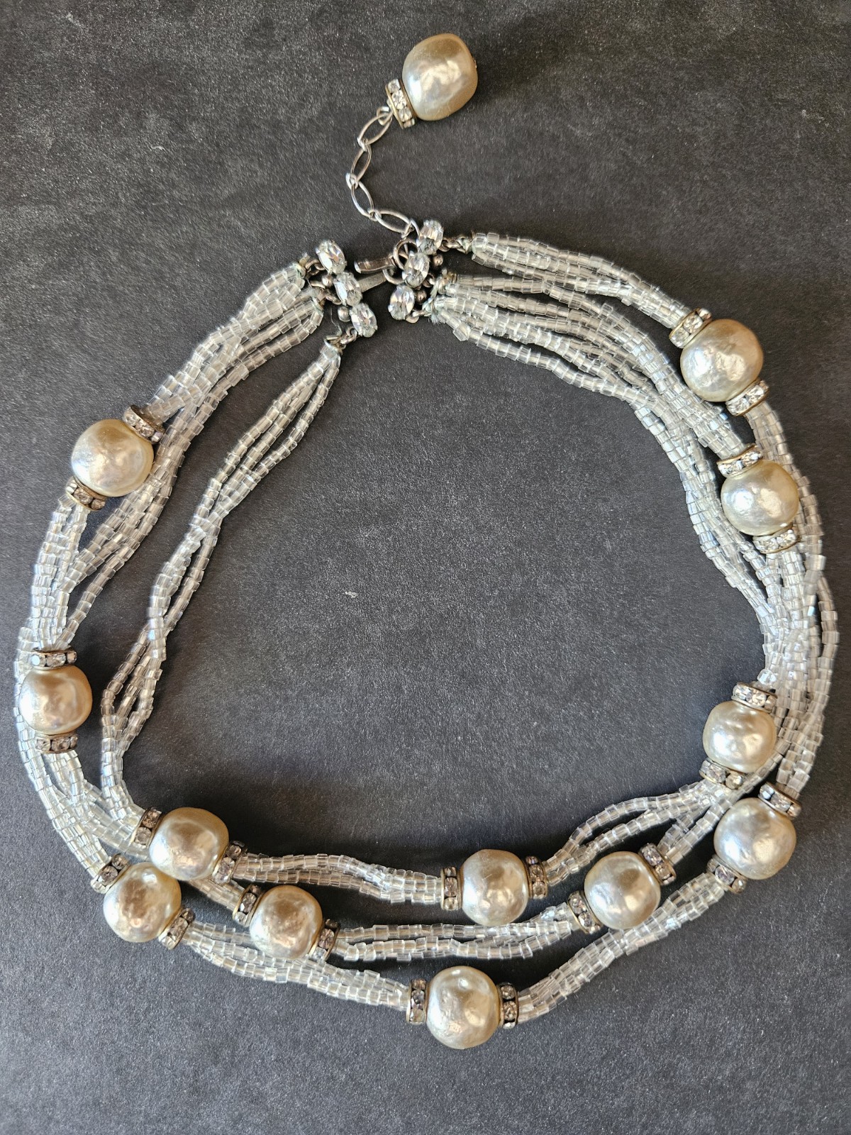 VTG Signed Sandor Co real pearls, glass beads, rhinestone Necklace Choker  Rare