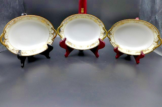 Antique 3 Nippon Noritake Christmas Ball 175 Handled Bowls Mint Gold Moriage Set