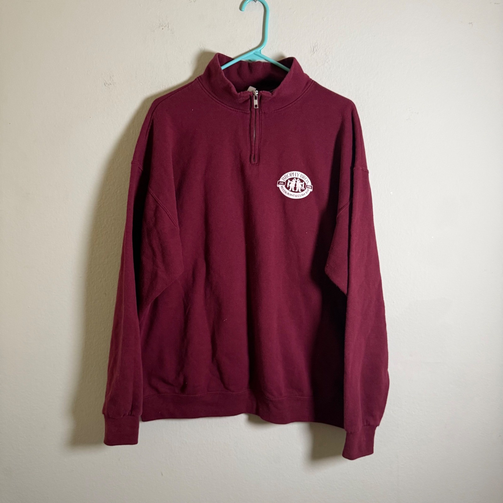 Jerzees Mens Burgundy Brophy Bros Restaurant Clam Bar Quarter Zip Sweatshirt L