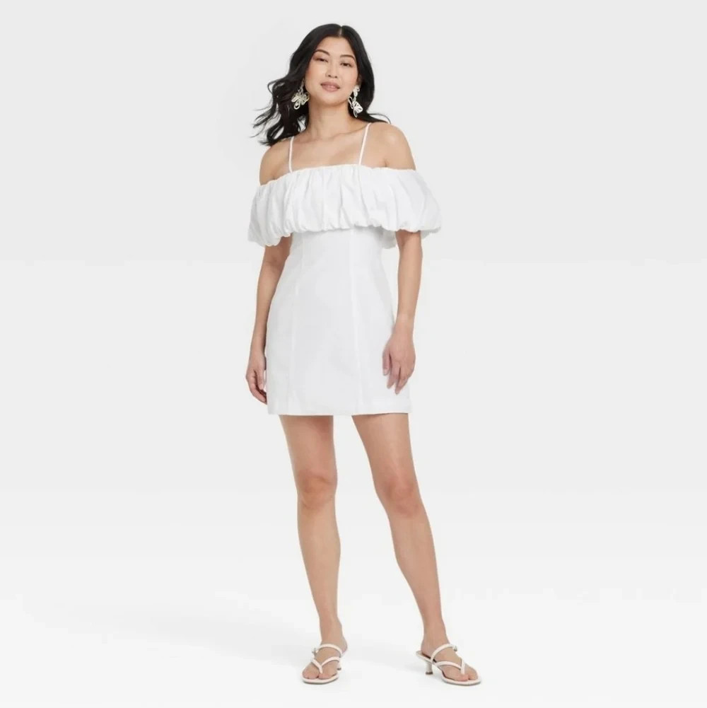 Women\'s Ruffle Mini A-Line Dress - A New Day White 4: Rayon Blend, Square Back Women\'s Ruffle Mini A-Line Dress - A New Day White 4: Rayon Blend, Square Back