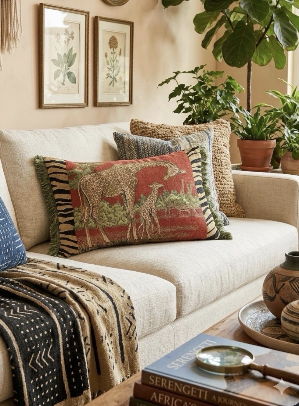 Vtg Ashford Court Giraffe Safari Tapestry Throw Pillow Fringe 22” Mother Baby