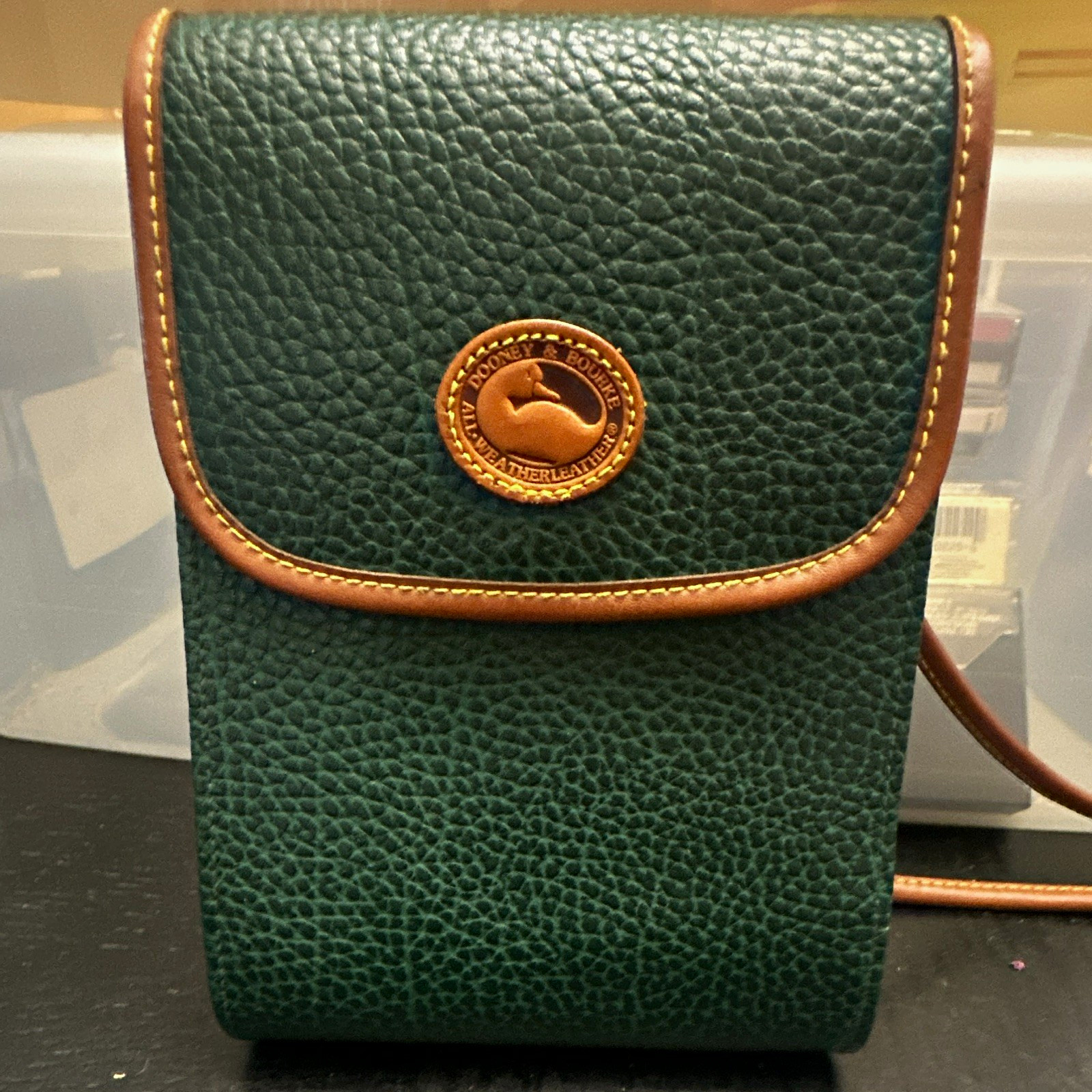 Dooney & Bourke Green Crossbody Bag Brown Strap Pebbled Finish Stitching