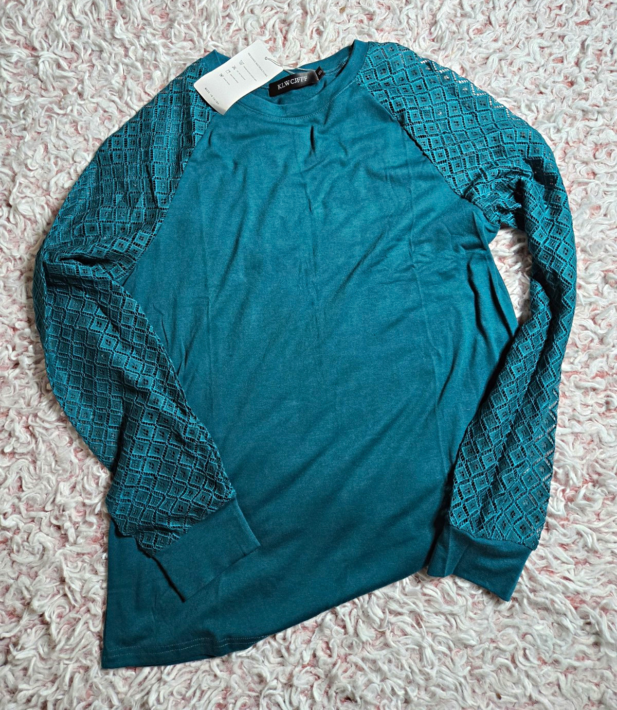 KLWCIFFF Women\'s Teal Knit Crew Neck Long Sleeve Pullover Top Lace, Size S