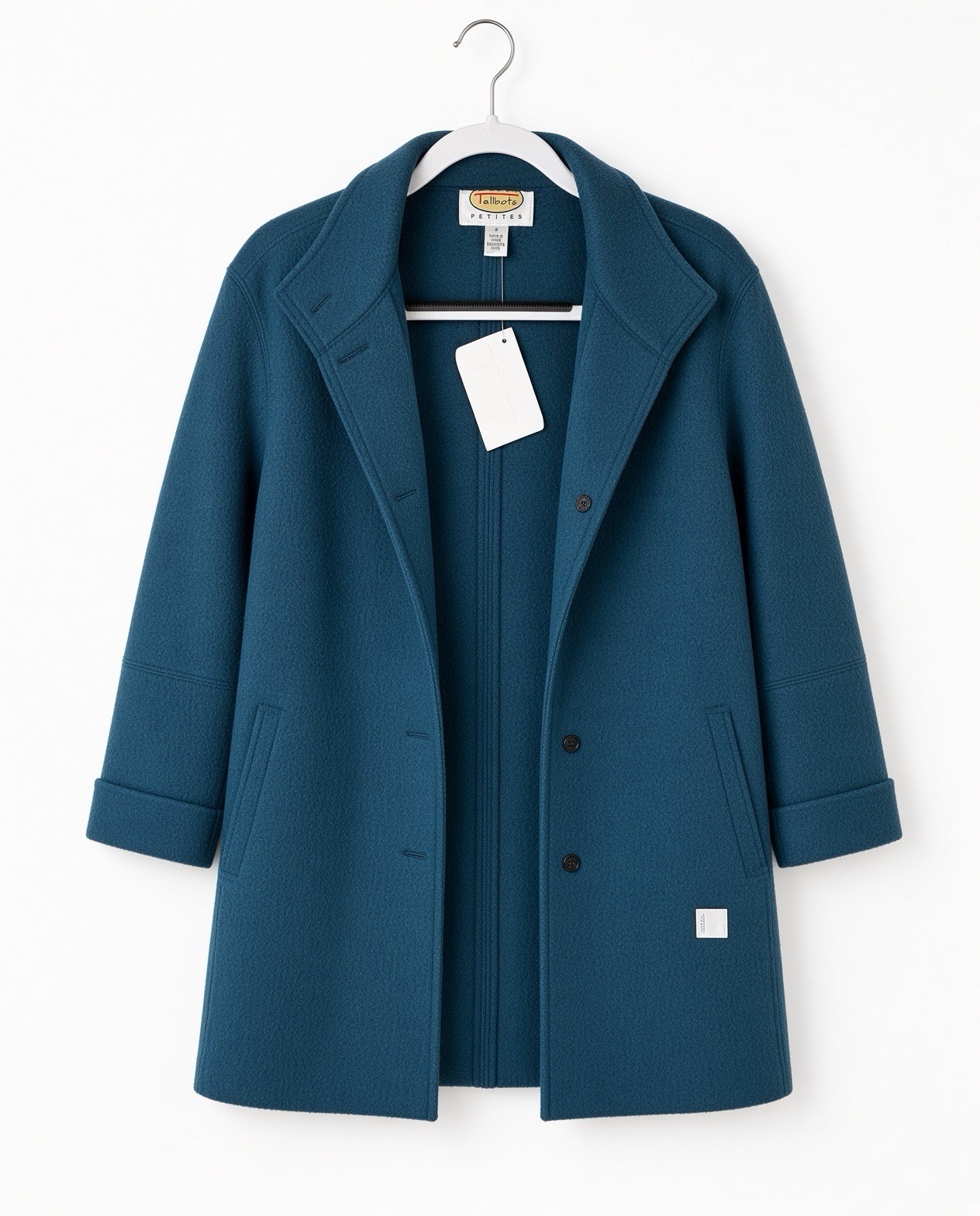 NWT Talbots Petites P Teal 100% Wool Stand Collar Button Coat Jacket