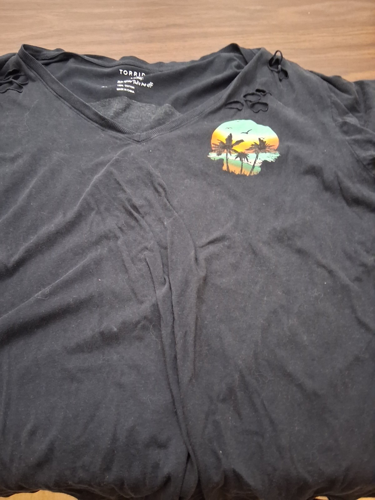 Torrid Black Distressed Tee with Tropical Skull Sunset