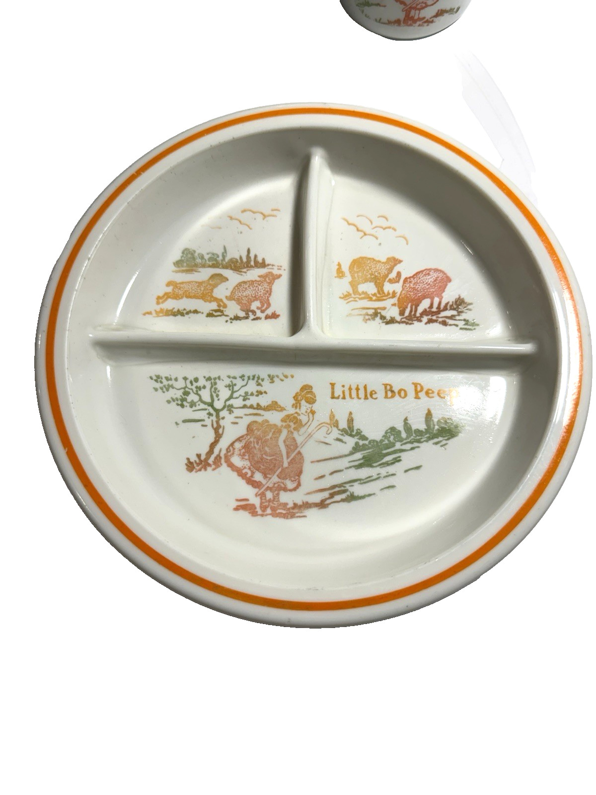 Vintage Fire King Vitrock Little Bo Peep Child Plate Mug Set Milk Glass 1940s