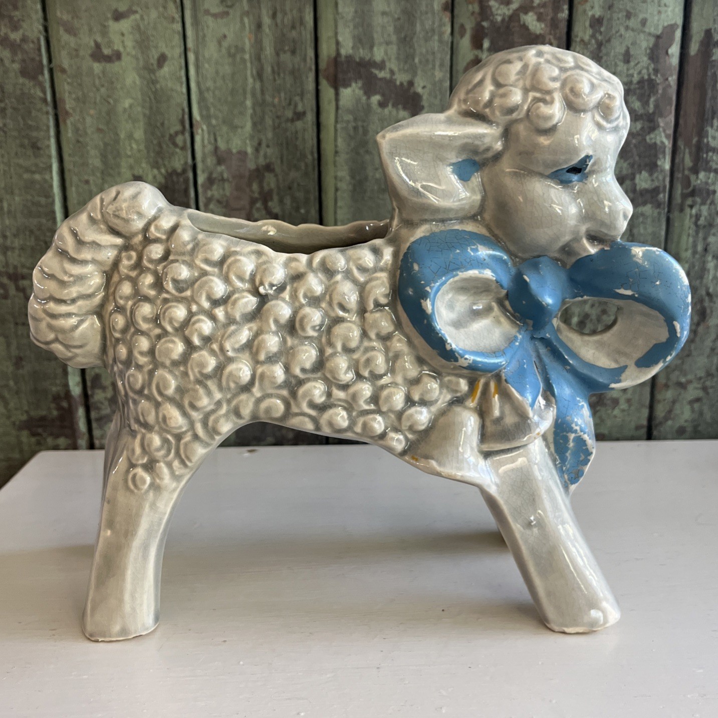 Vintage McCoy pottery Fuzzy Lamb Planter Adorable Blue Ribbon & Bells Sheep Vintage McCoy pottery Fuzzy Lamb Planter Adorable Blue Ribbon & Bells Sheep