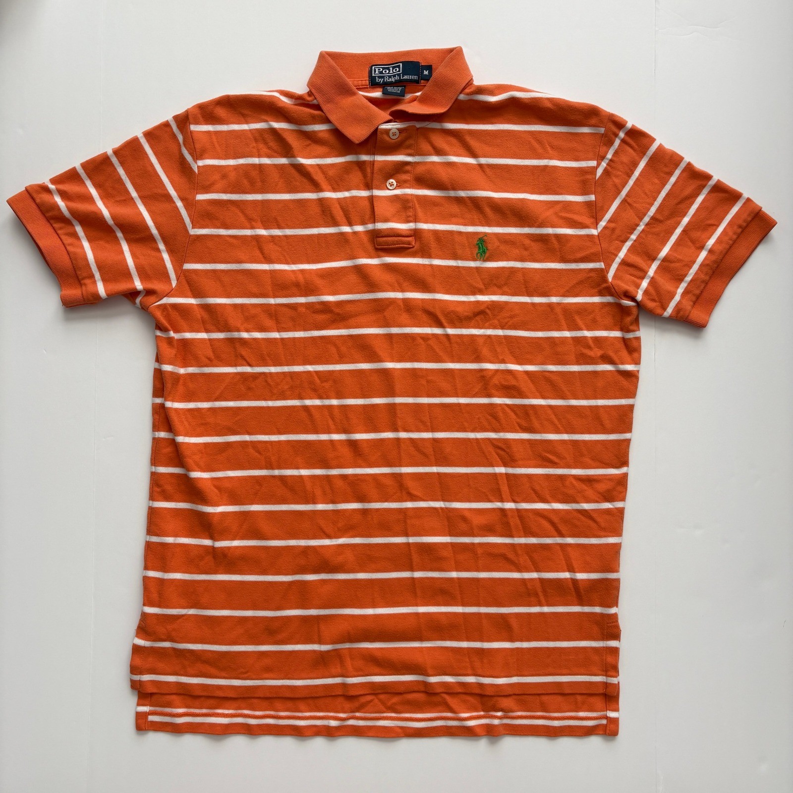 Vintage Polo by Ralph Lauren Men M Orange White Stripe Polo Shirt Green Pony Y2K