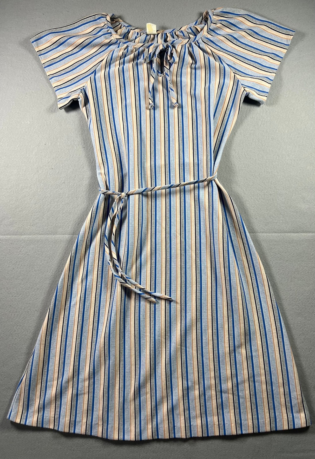 VTG 70s 80s Blue/Yellow Striped Short Sleeve Dress w/ Matching Belt, Size 13/14