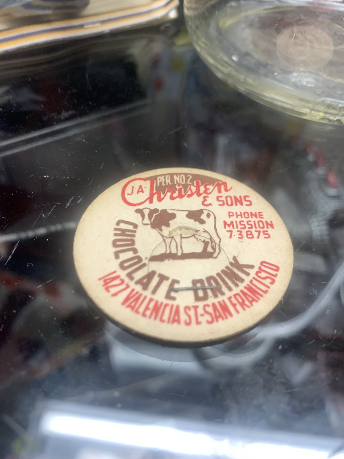 Vintage Chocolate milk bottle cap J A CHRISTEN and SONS San Francisco Ca