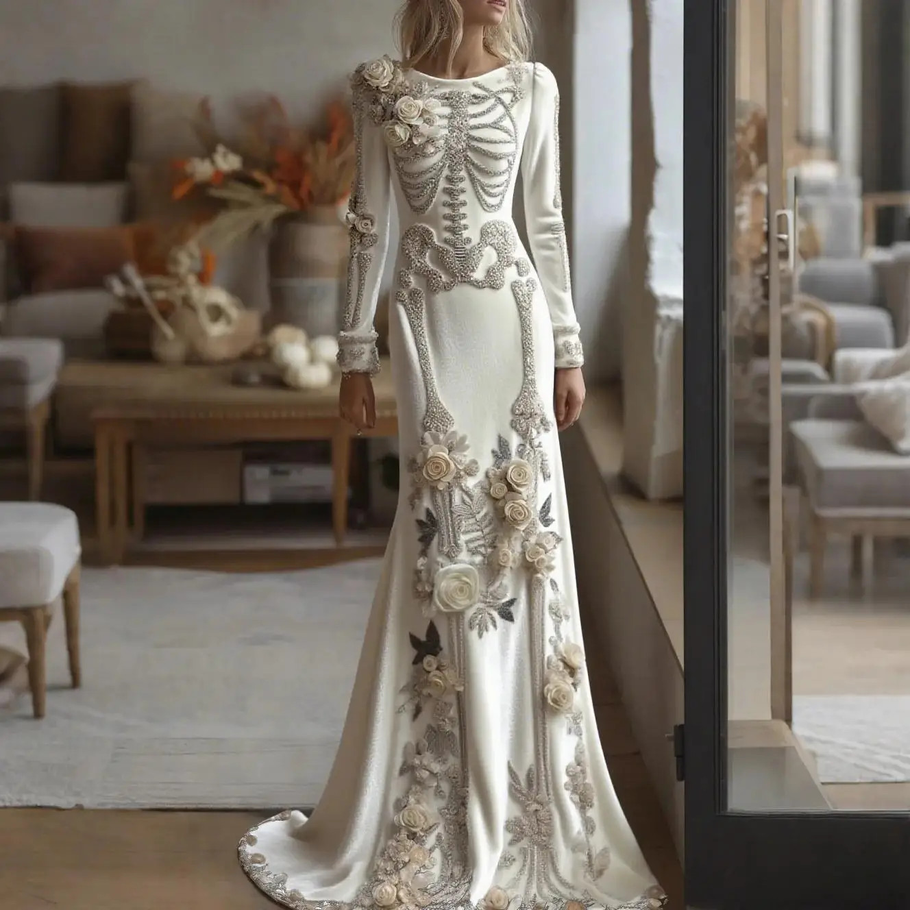 Spooky Skull Round Neck Dress Halloween Masquerade Performance Clothing Women\'s 