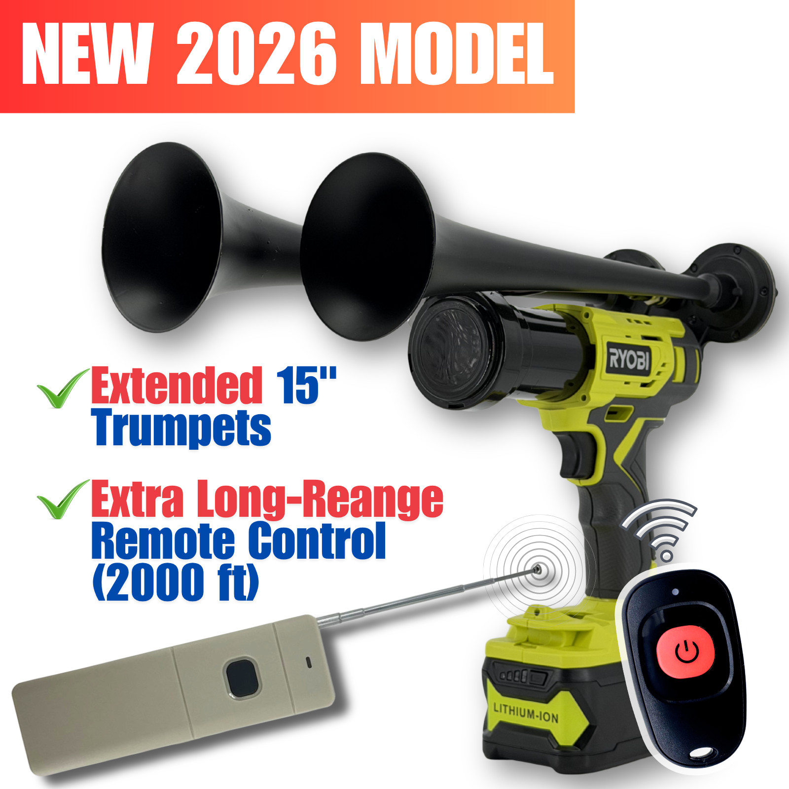 Ryobi 18V Train Horn – 2 Premium Extended Trumpets | Extended Remote (2000ft)