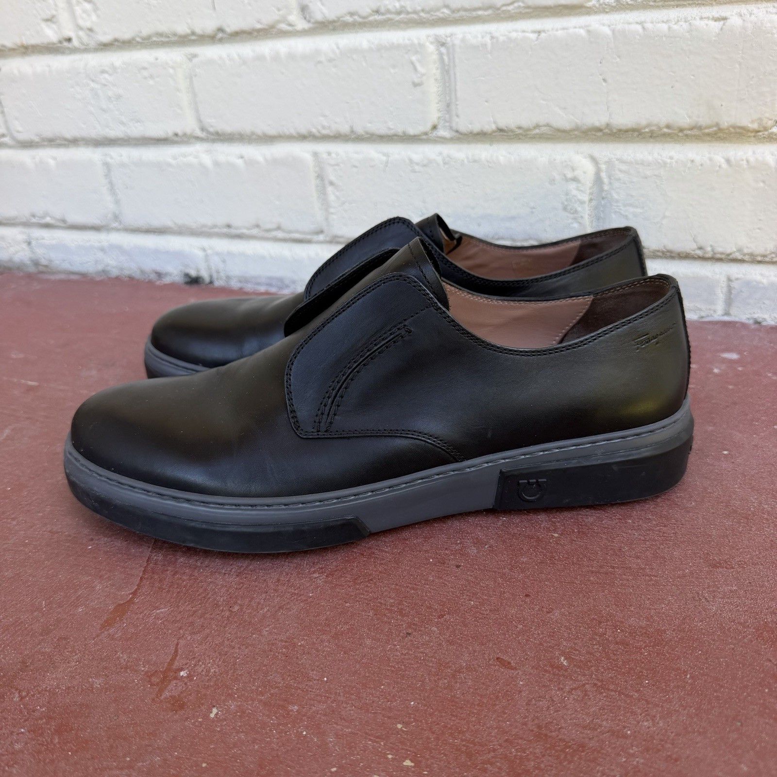 Ferragamo Black Slip On Leather Italy Dress Shoe Sneaker Size EU 8 US 9 Mens