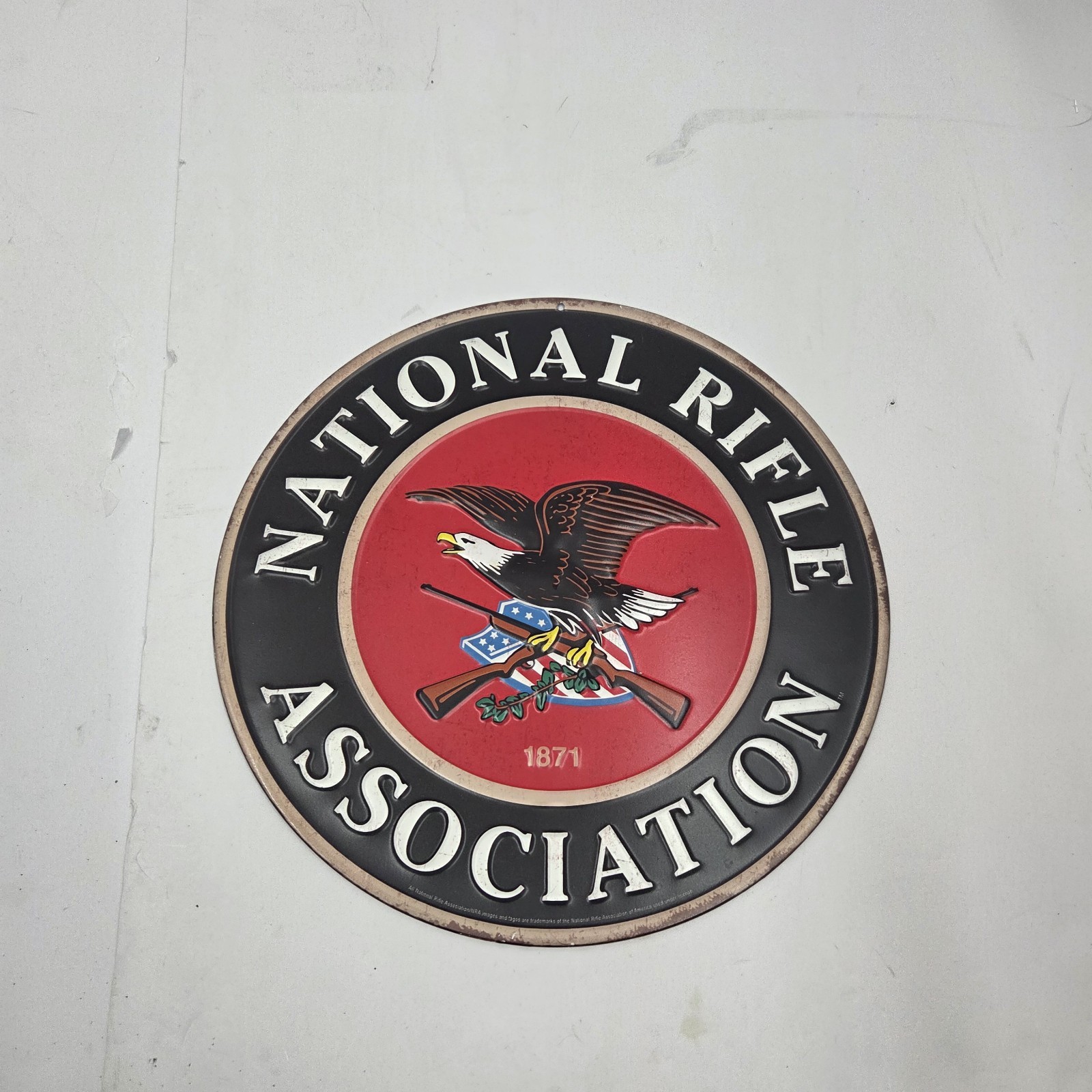 NRA Metal Sign National Rifle Association 1871 Embossed Tin Round Garage 12\